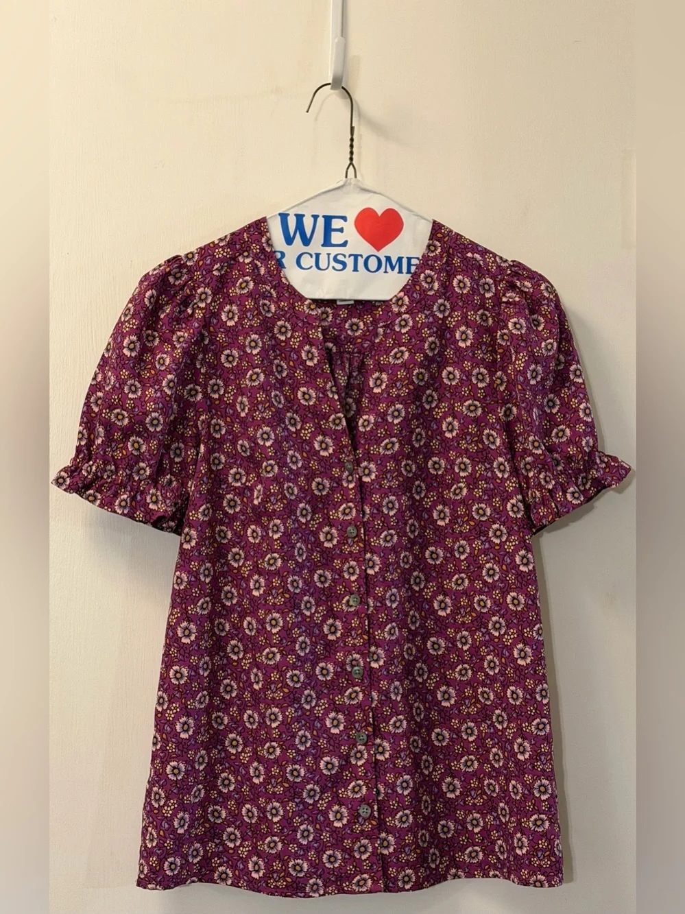 J. Crew Purple Floral Button-Front Puff Sleeve Top